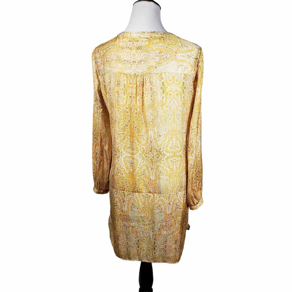 Zara Woman size Medium Yellow Print Long Sleeve Lace Up Polyester Tunic Dress - Picture 3 of 7
